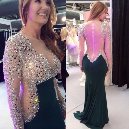 Mermaid Style Prom Dress - Illusion Back Jewel Long Sleeves with Beading - Click Image to Close