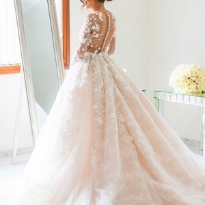 Ball Gown Jewel Long Illusion Back Pearl Pink Tulle Wedding Dress with Lace