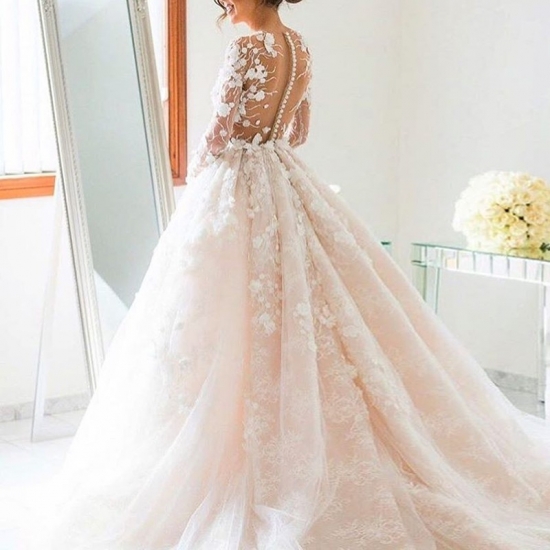 Ball Gown Jewel Long Illusion Back Pearl Pink Tulle Wedding Dress with Lace - Click Image to Close