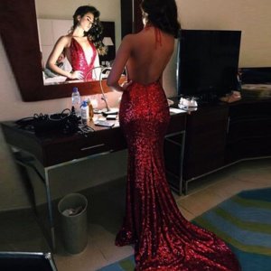 Mermaid Style Halter Backless Long Burgundy Sequined Prom Dress