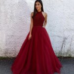 A-Line Halter Long Backless Burgundy Tulle Prom Dress with Beading