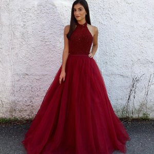 A-Line Halter Long Backless Burgundy Tulle Prom Dress with Beading