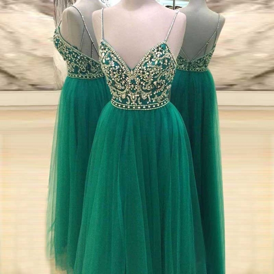 A-Line Spaghetti Straps Backless Dark Green Tulle Prom Dress with Beading - Click Image to Close