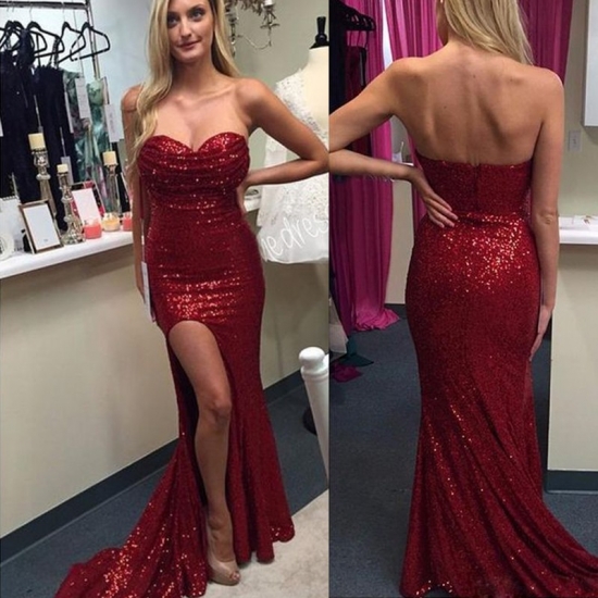 Sheath Sweetheart Sweep Train Burgundy Sequined Prom Dress with Slit - Click Image to Close