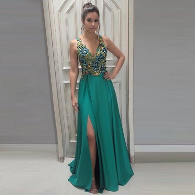 A-Line V-Neck Backless Emerald Satin Prom Dress with Beading Appliques