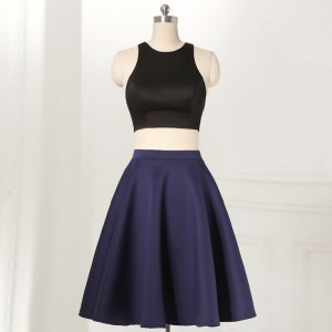 Two Piece Round Neck Sleeveless Short Navy Blue Satin Homecoming Dress