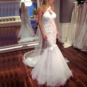 Mermaid Halter Floor-Length White Tulle Keyhole Wedding Dress with Lace