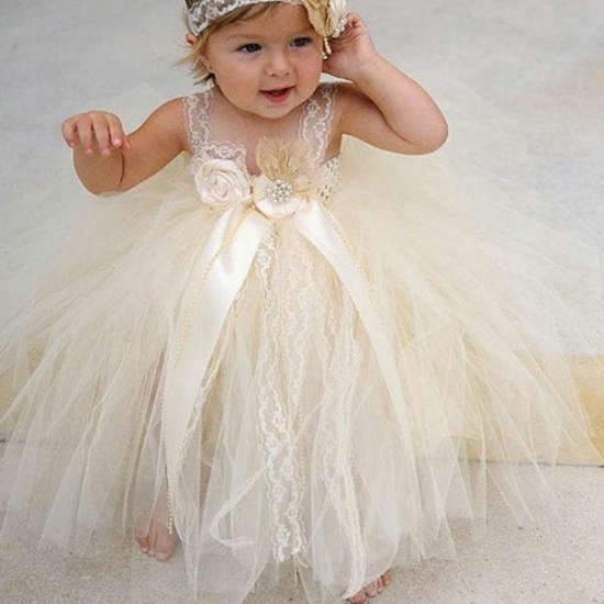 Ball Gown Square Ivory Tulle Flower Girl Dress with Flowers Lace - Click Image to Close