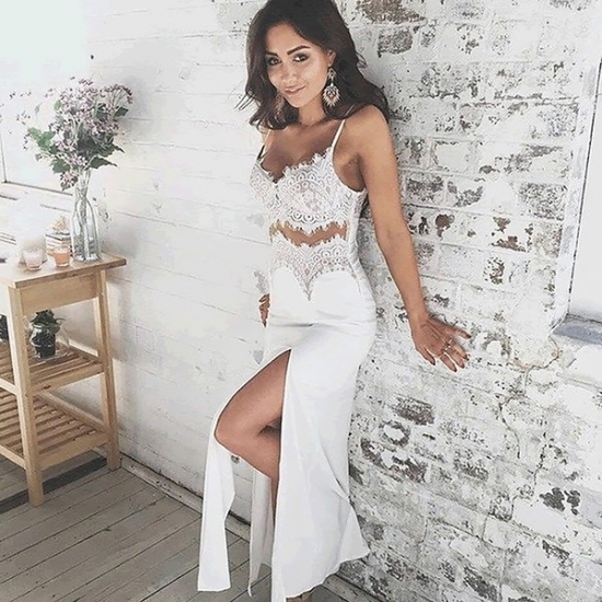 Sheath Spaghetti Straps White Chiffon Prom Dress with Lace Both Sides Split - Click Image to Close