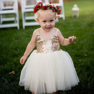 Ball Gown Straps Mid-Calf White Tulle Flower Girl Dress with Sequins Appliques
