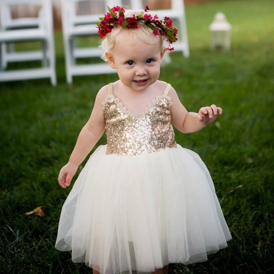 Ball Gown Straps Mid-Calf White Tulle Flower Girl Dress with Sequins Appliques - Click Image to Close