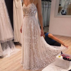 A-Line Spaghetti Straps Light Champagne Beaded Prom Dress with Lace Appliques