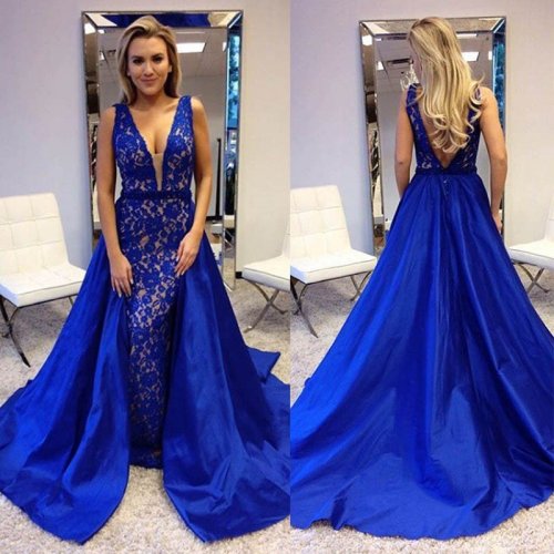 Sheath Deep V-Neck Backless Royal Blue Lace Prom Dress with Beading Overskirt