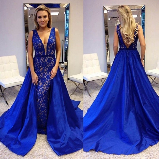 Sheath Deep V-Neck Backless Royal Blue Lace Prom Dress with Beading Overskirt - Click Image to Close