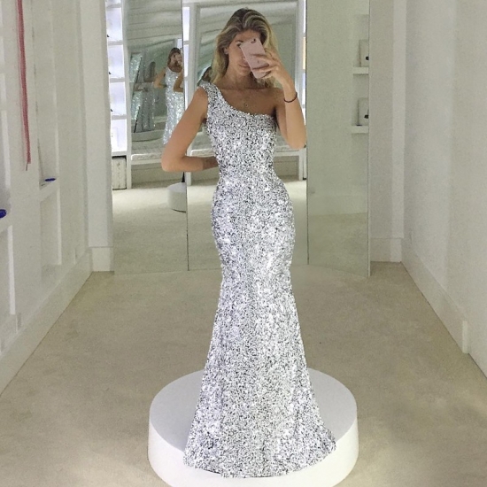 Mermaid One Shoulder Floor-Length Silver Sequined Prom Dress - Click Image to Close
