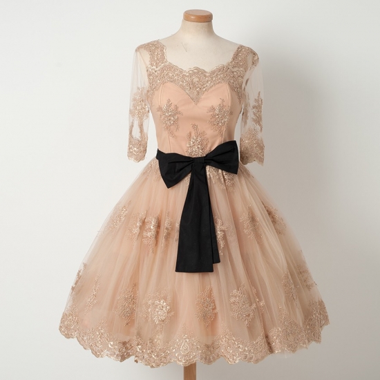 A-Line Half Sleeves Short Champagne Homecoming Dress with Sash Appliques - Click Image to Close