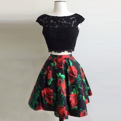 Two Piece Bateau Open Back Short Black Floral Homecoming Dress with Appliques