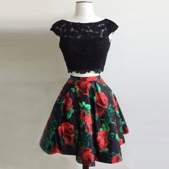 Two Piece Bateau Open Back Short Black Floral Homecoming Dress with Appliques - Click Image to Close