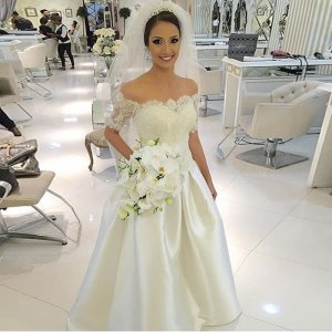 A-Line Off-the-Shoulder Ivory Satin Wedding Dress with Lace Beading