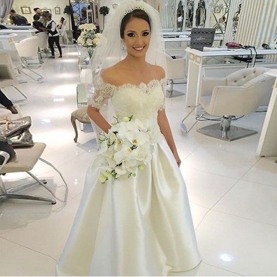 A-Line Off-the-Shoulder Ivory Satin Wedding Dress with Lace Beading - Click Image to Close