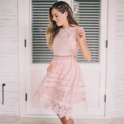 A-Line Round Neck Short Pearl Pink Lace Homecoming Dress