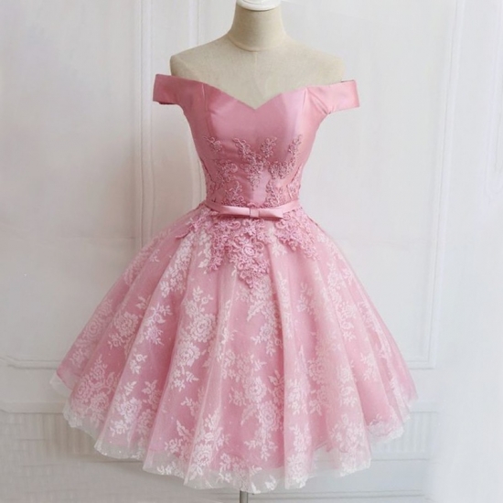 Ball Gown Off-the-Shoulder Short Pink Homecoming Dress with Appliques Sash - Click Image to Close