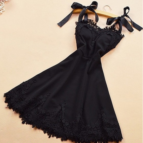 A-Line Straps Elastic Satin Little Black Dress with Lace - Click Image to Close