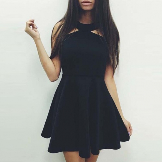 A-Line Jewel Elastic Satin Cut Out Little Black Dress - Click Image to Close