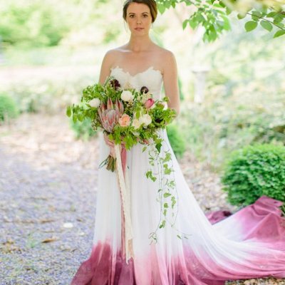 A-Line Sweetheart Court Train Ombre Chiffon Wedding Dress with Appliques