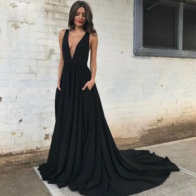 A-Line Deep V-Neck Court Train Black Prom Dress with Pockets