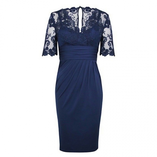 Sheath V-Neck Short Sleeves Dark Blue Mother of The Bride Dress with Lace - Click Image to Close