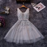 A-Line V-Neck Short Grey Tulle Homecoming Dress with Sash Appliques