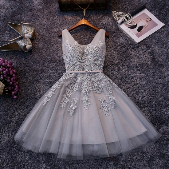 A-Line V-Neck Short Grey Tulle Homecoming Dress with Sash Appliques - Click Image to Close