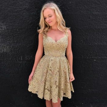 A-Line Scoop Backless Champagne Lace Homecoming Dress with Beading