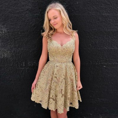 A-Line Scoop Backless Champagne Lace Homecoming Dress with Beading