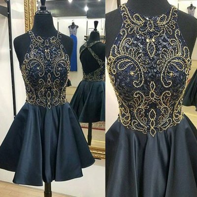 A-Line Jewel Open Back Dropped Navy Blue Satin Homecoming Dress with Beading