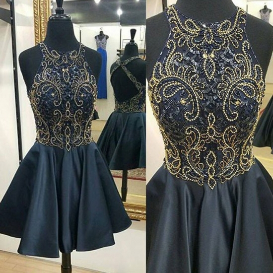 A-Line Jewel Open Back Dropped Navy Blue Satin Homecoming Dress with Beading - Click Image to Close
