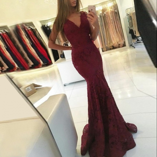 Mermaid V-Neck Sweep Train Burgundy Lace Prom Dress - Click Image to Close
