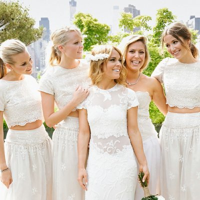 Two Piece Round Neck Short White Tulle Bridesmaid Dress with Appliques