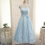 A-Line Bateau Lace-up Blue Lace Homecoming Dress with Sash