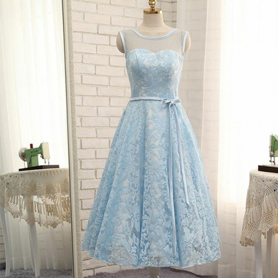 A-Line Bateau Lace-up Blue Lace Homecoming Dress with Sash - Click Image to Close