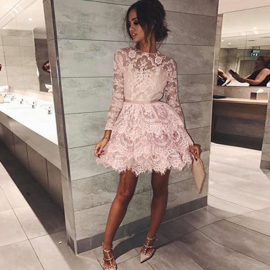 A-Line Round Neck Long Sleeves Short Tiered Pink Lace Homecoming Dress - Click Image to Close