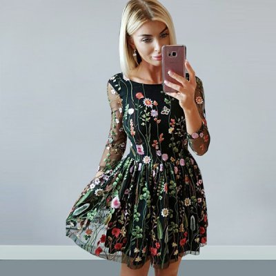 A-Line Bateau 3/4 Sleeves Black Lace Short Homecoming Dress