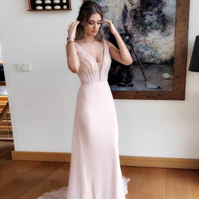 A-Line V-Neck Sweep Train Pearl Pink Chiffon Prom Dress with Beading
