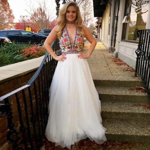 A-Line Deep V-Neck Floor-Length White Prom Dress with Embroidery