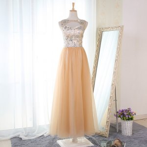 A-Line Bateau Floor-Length Champagne Prom Dress with Beading Keyhole