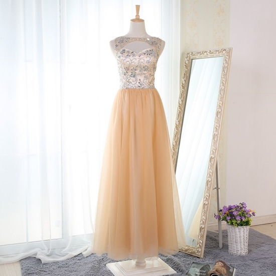 A-Line Bateau Floor-Length Champagne Prom Dress with Beading Keyhole - Click Image to Close