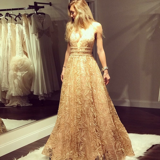 A-Line Deep V-Neck Floor-Length Champagne Lace Prom Dress with Beading - Click Image to Close