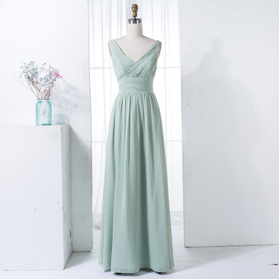 A-Line V-Neck Floor-Length Sage Chiffon Bridesmaid Dress with Pleats - Click Image to Close