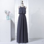 A-Line Round Neck Dark Grey Chiffon Bridesmaid Dress with Beading